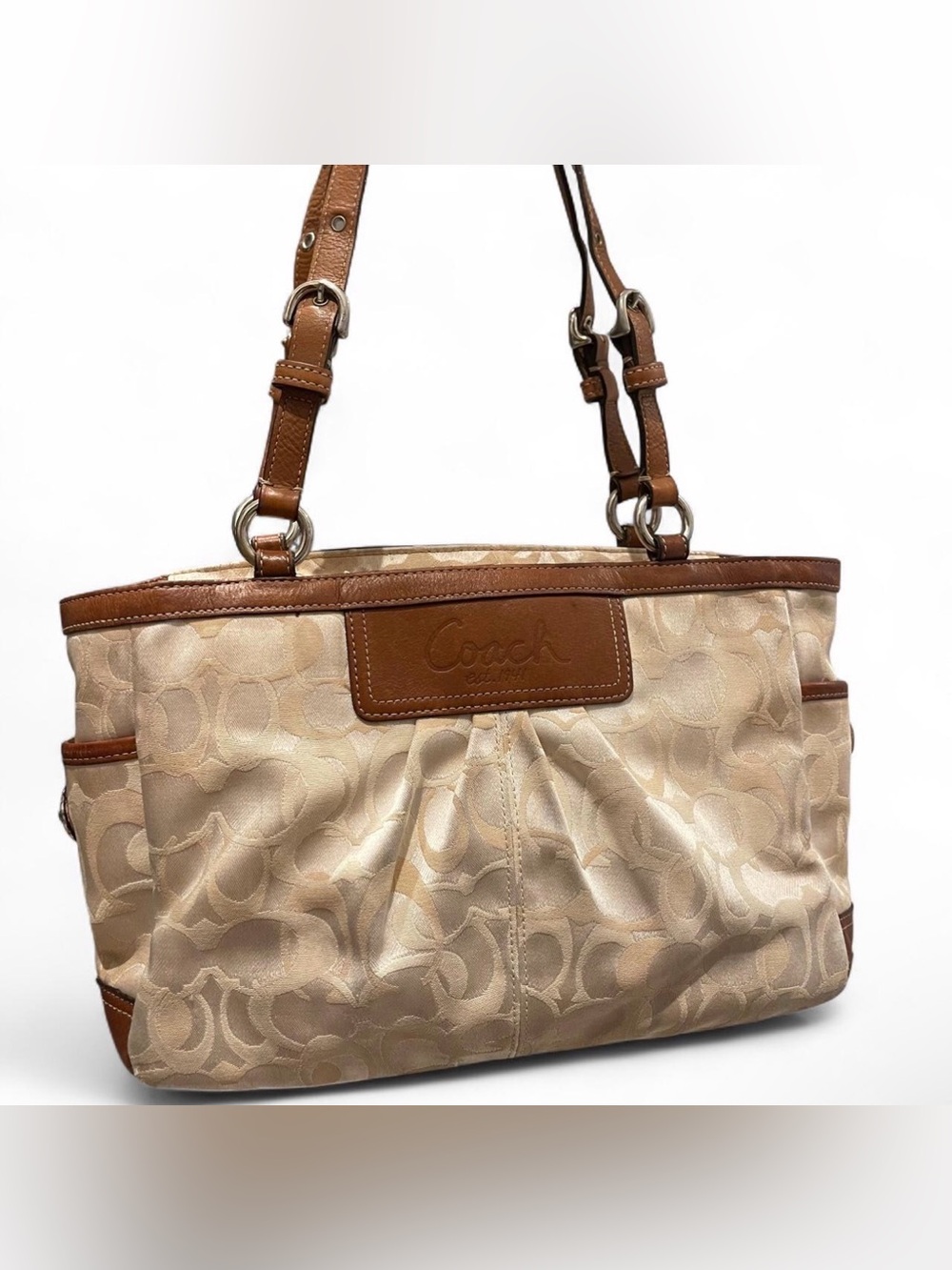Coach Y2K Signature Jacquard Tote Shouldera Bag Cream Brown Leather Shoulder Bag